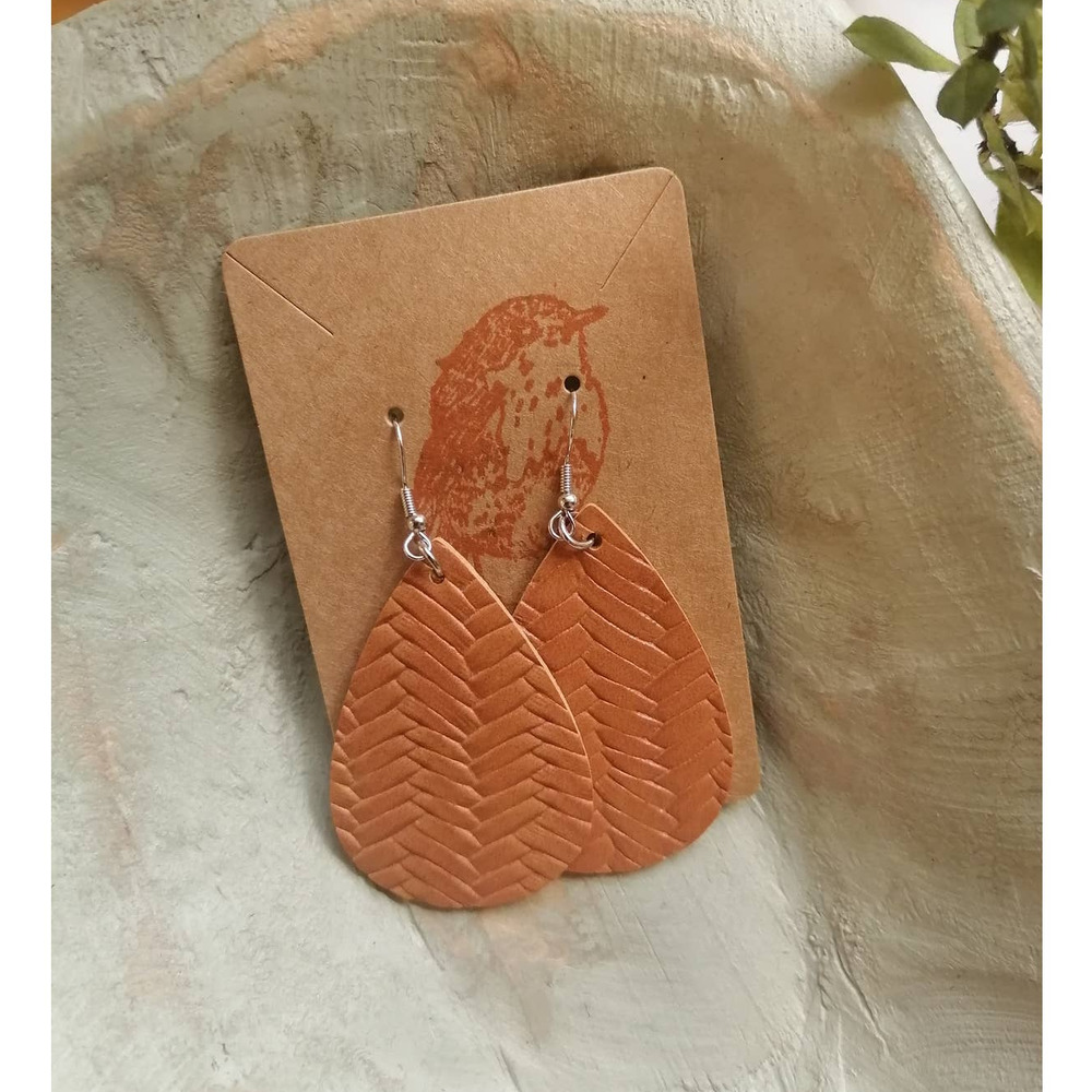 Faux Leather Brown Braided Textured Dangle Teardrop Earrings